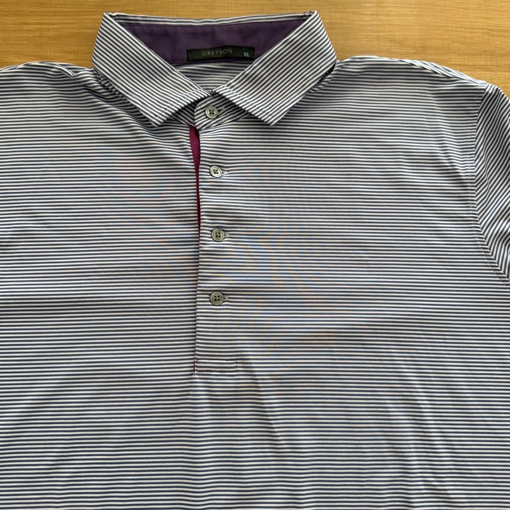 Greyson Mens XL Polo Shirt Navy White Micro Stripe Short Sleeve Golf Top